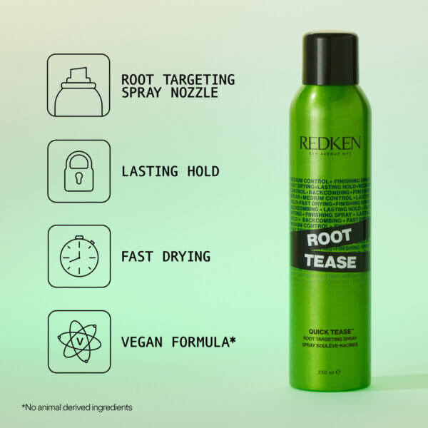 Redken Root Tease benefits: Root targeting spray nozzle. Lasting hold. Fast Drying. Vegan Formula.
