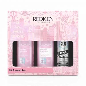 Redken Volume Injection Christmas Gift Set 2022 with shampoo and conditioner and one united treatment spray in gift box front view